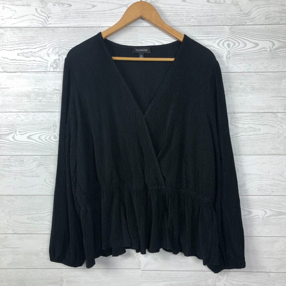 Calligraphie Women's 3X Pleated Ribbed Long Sleeve Surplice Top Black V Neck
